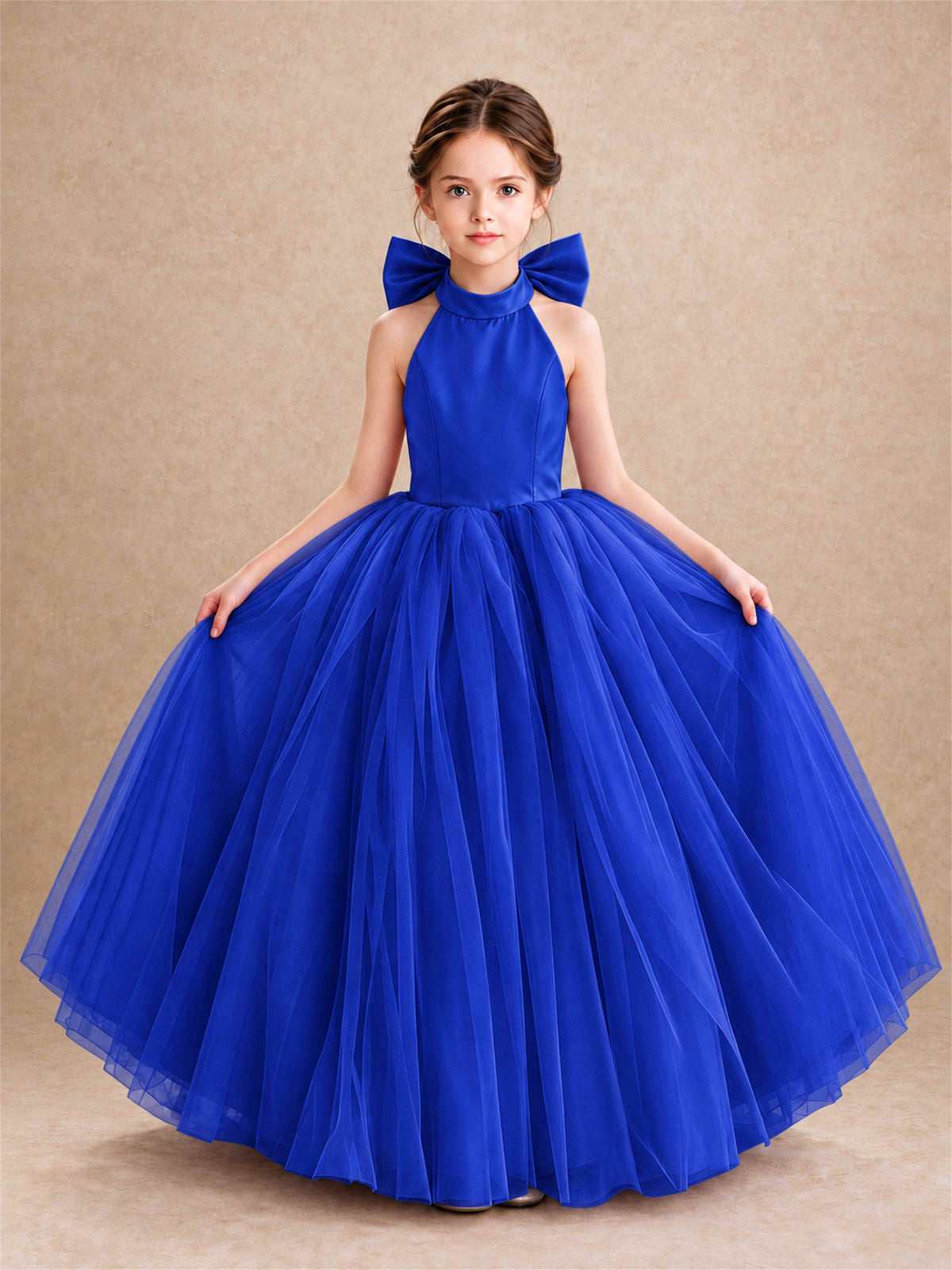 Halter Tulle Flower Girl Dress Backless Big Bow Princess Ball Gown