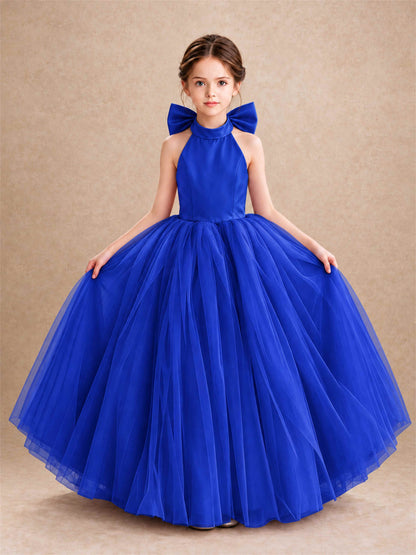Halter Tulle Flower Girl Dress Backless Big Bow Princess Ball Gown