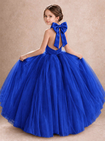 Halter Tulle Flower Girl Dress Backless Big Bow Princess Ball Gown