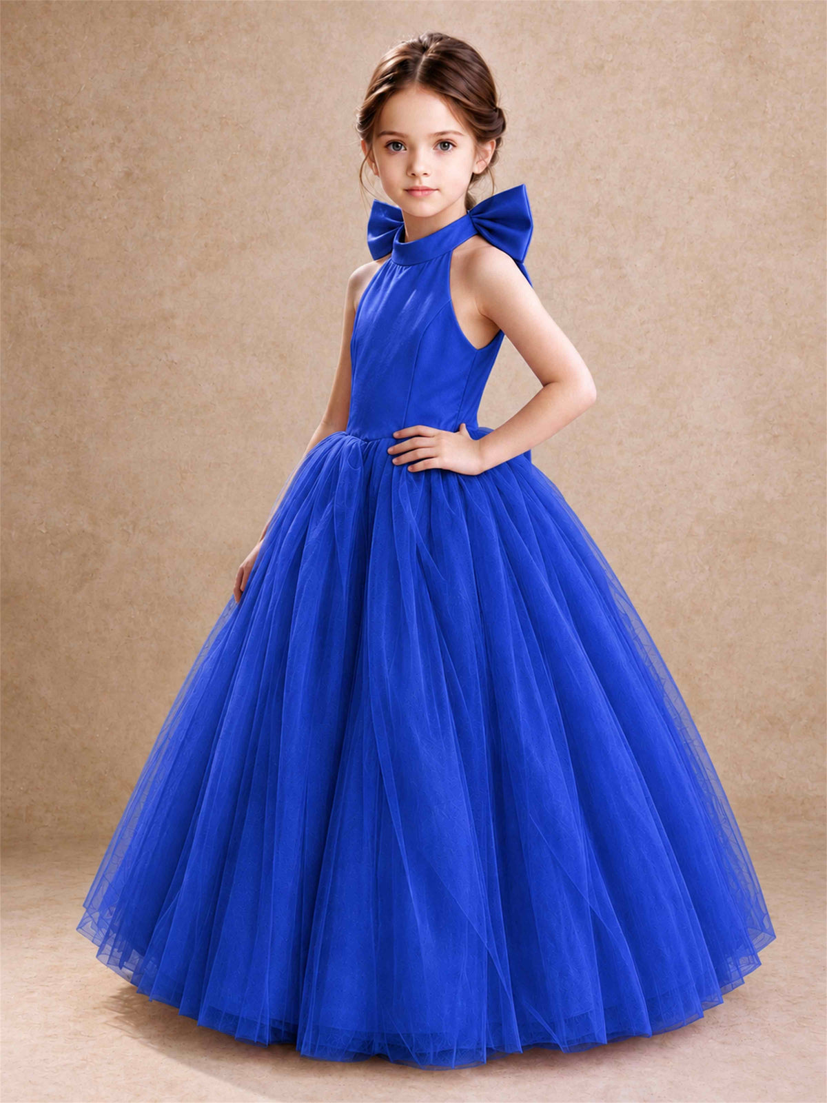 Halter Tulle Flower Girl Dress Backless Big Bow Princess Ball Gown