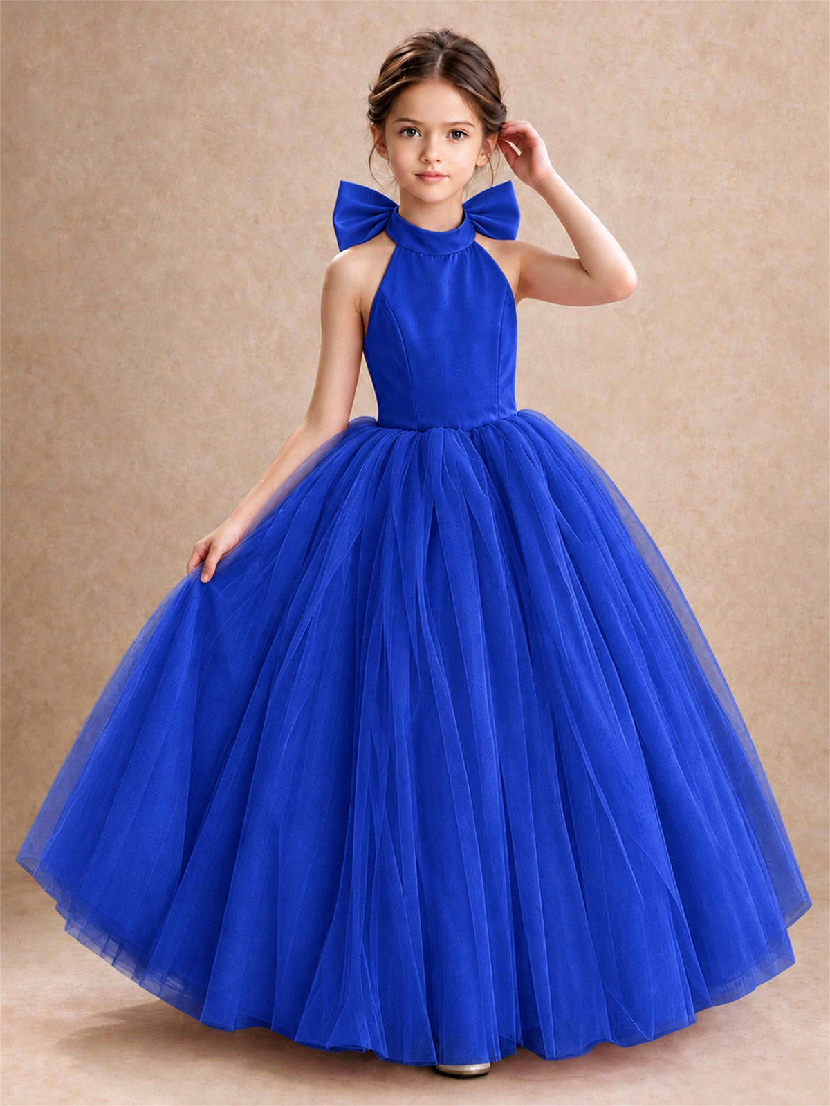 Halter Tulle Flower Girl Dress Backless Big Bow Princess Ball Gown