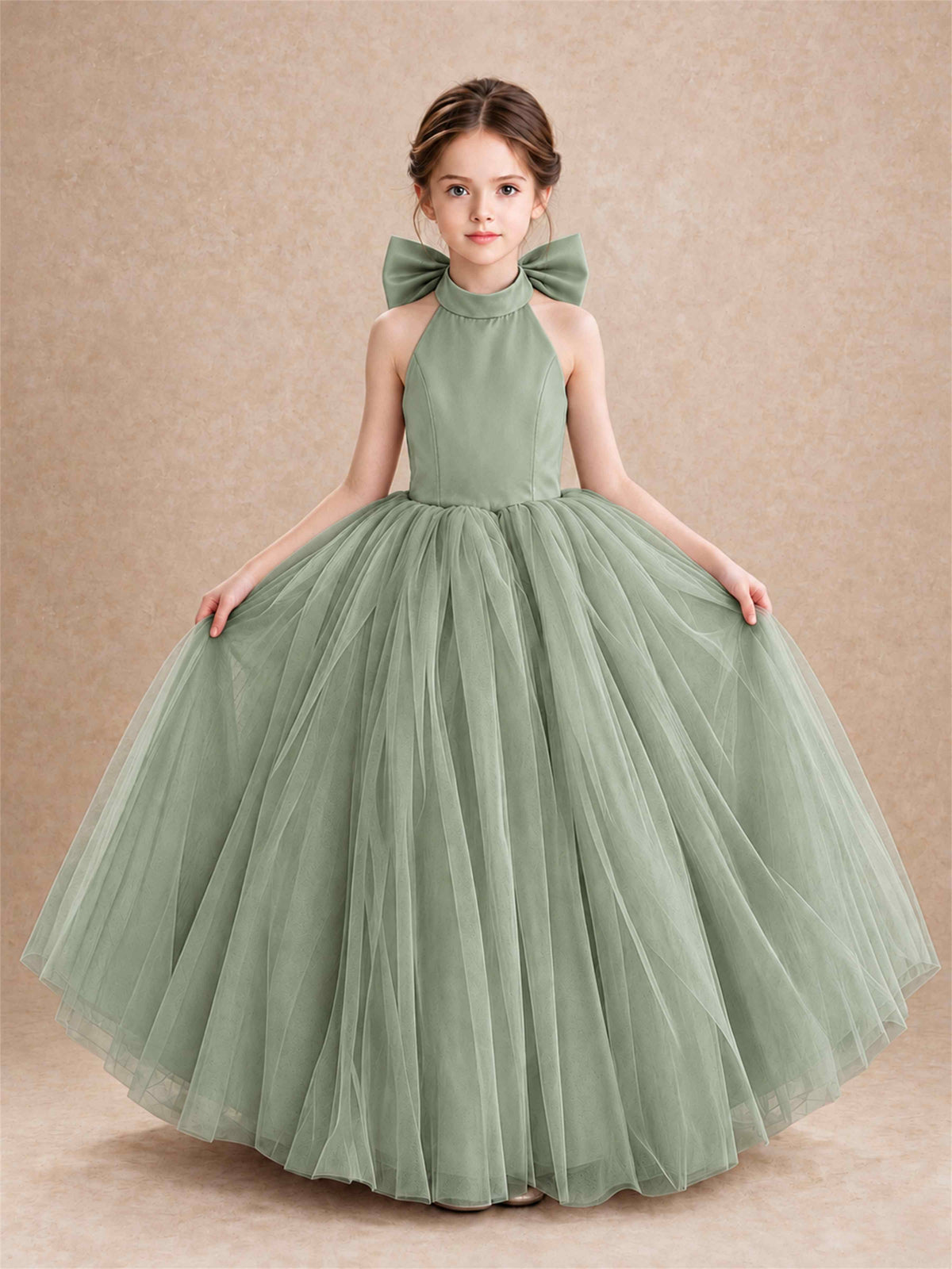 Halter Tulle Flower Girl Dress Backless Big Bow Princess Ball Gown