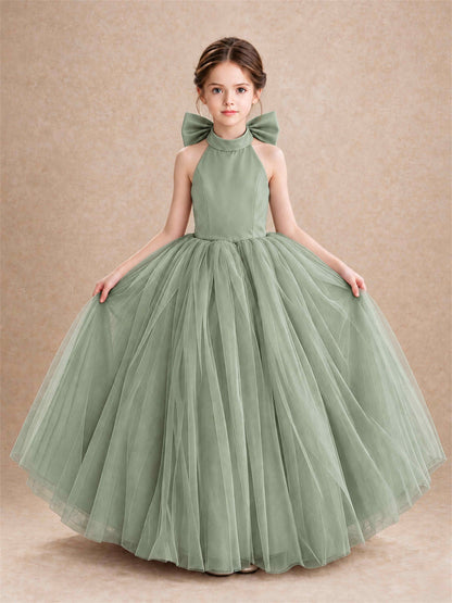 Halter Tulle Flower Girl Dress Backless Big Bow Princess Ball Gown