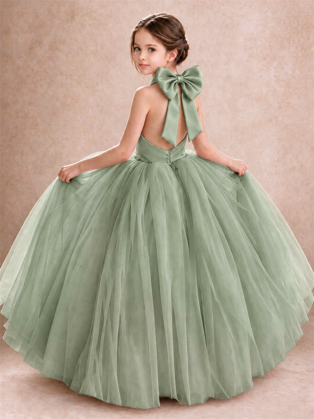 Halter Tulle Flower Girl Dress Backless Big Bow Princess Ball Gown