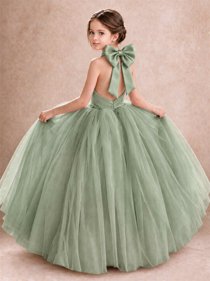 Halter Tulle Flower Girl Dress Backless Big Bow Princess Ball Gown