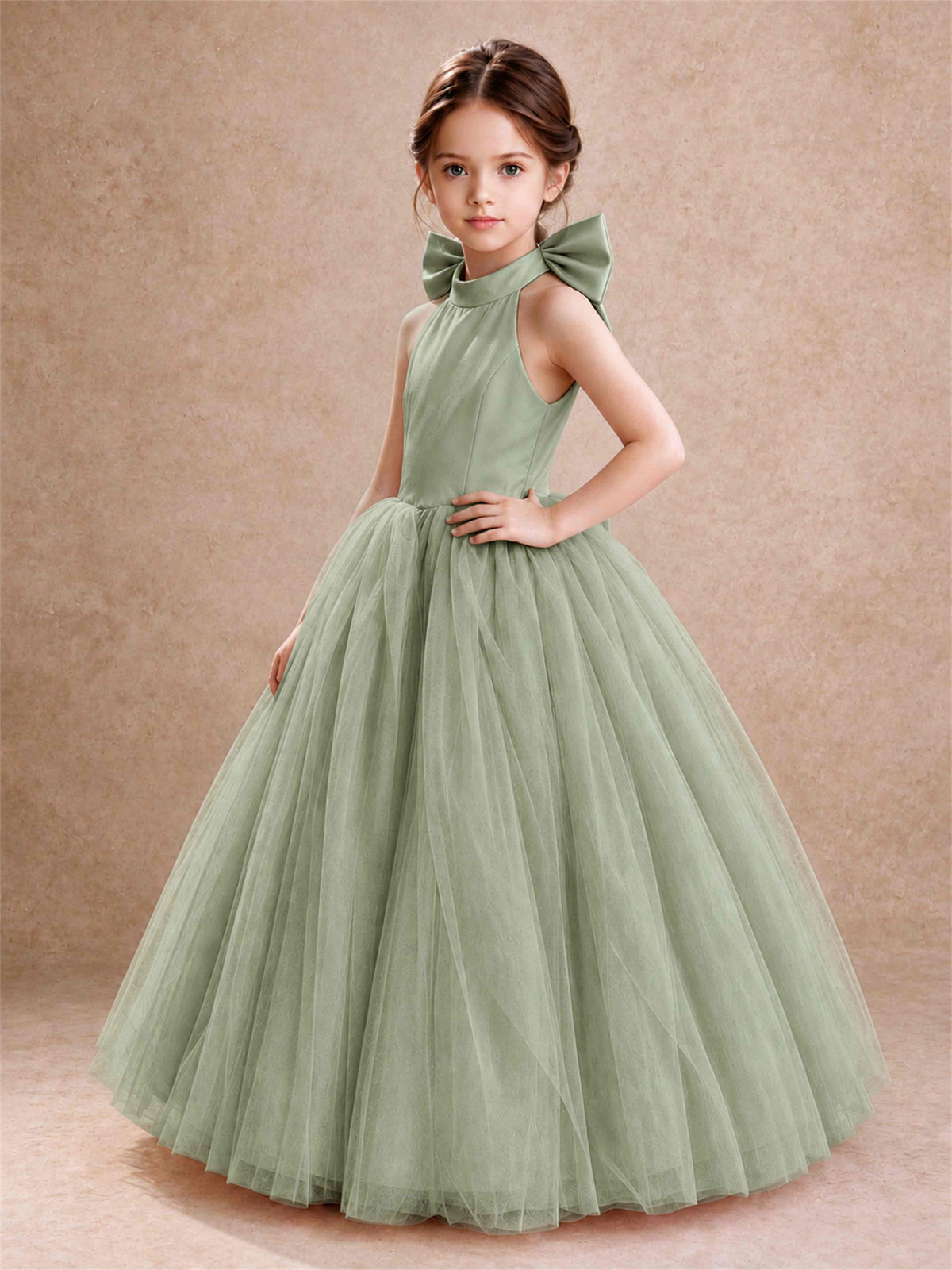 Halter Tulle Flower Girl Dress Backless Big Bow Princess Ball Gown