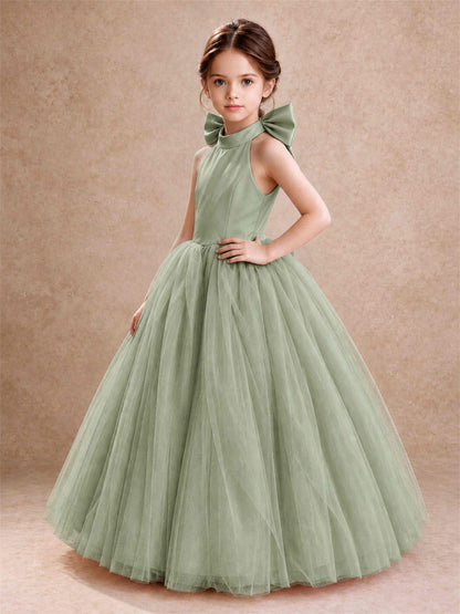 Halter Tulle Flower Girl Dress Backless Big Bow Princess Ball Gown