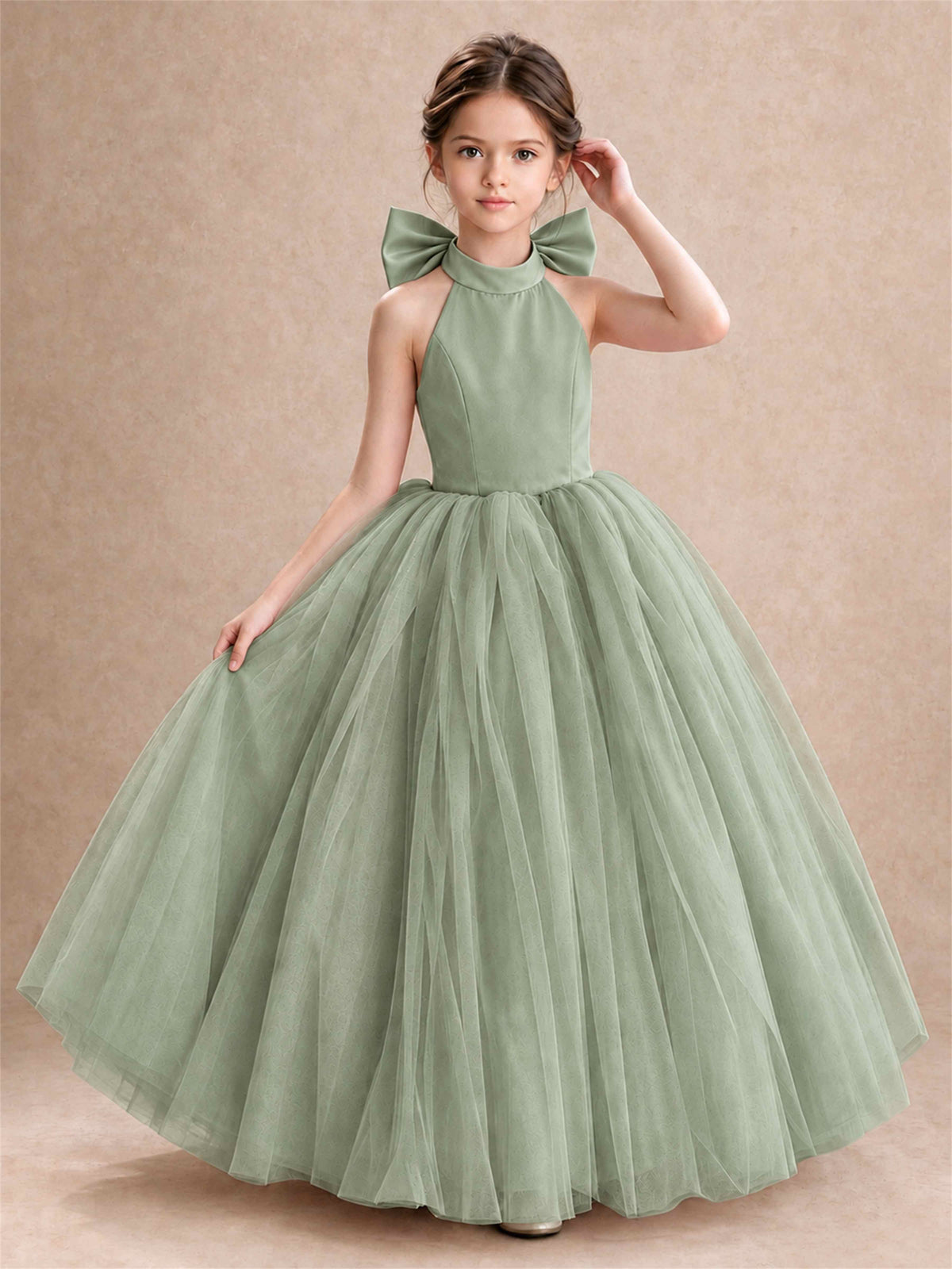 Halter Tulle Flower Girl Dress Backless Big Bow Princess Ball Gown