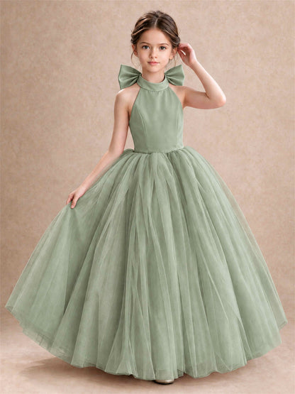 Halter Tulle Flower Girl Dress Backless Big Bow Princess Ball Gown