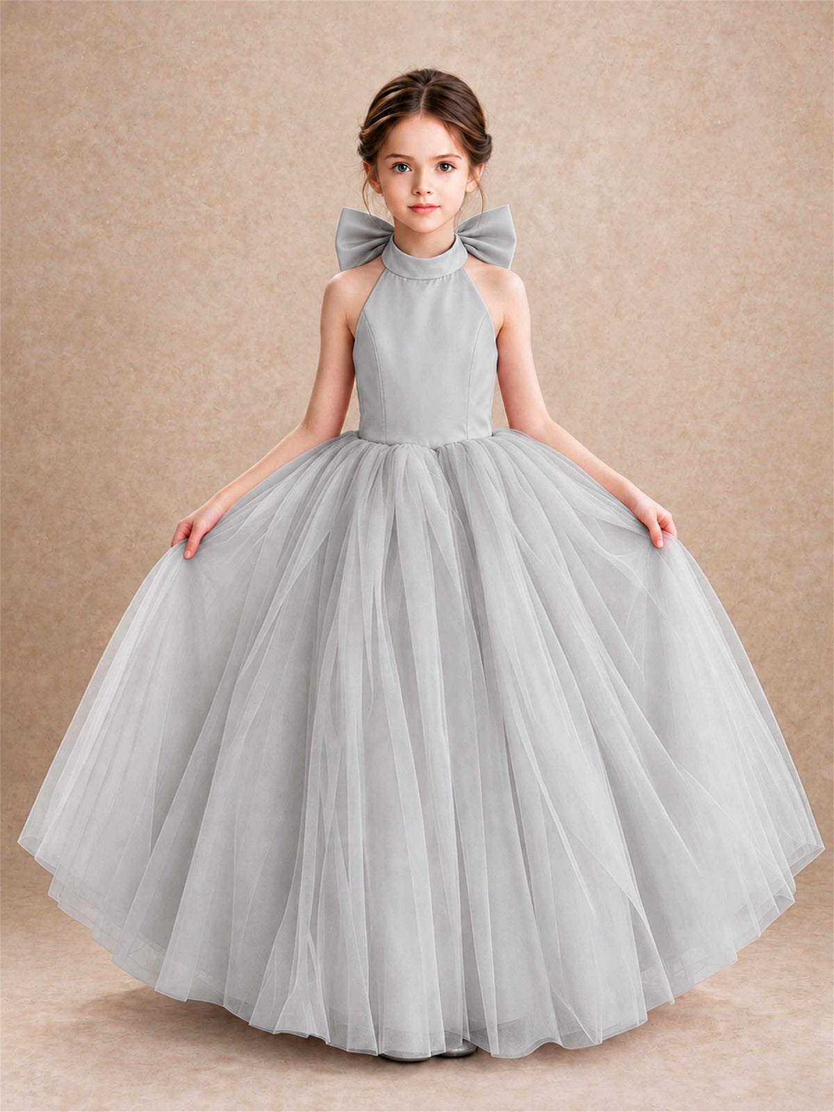 Halter Tulle Flower Girl Dress Backless Big Bow Princess Ball Gown