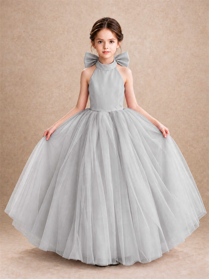Halter Tulle Flower Girl Dress Backless Big Bow Princess Ball Gown