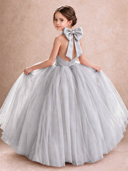 Halter Tulle Flower Girl Dress Backless Big Bow Princess Ball Gown