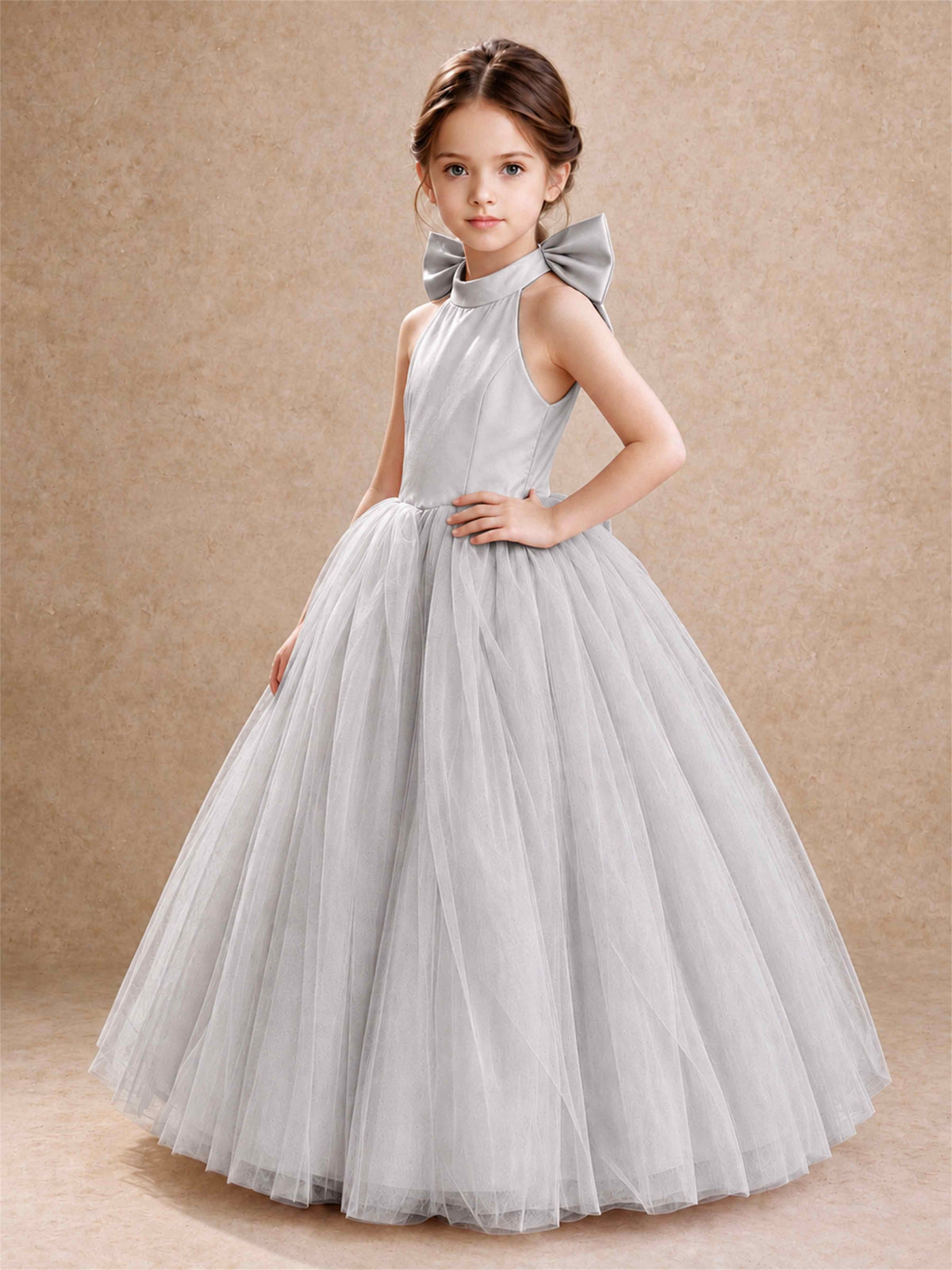 Halter Tulle Flower Girl Dress Backless Big Bow Princess Ball Gown