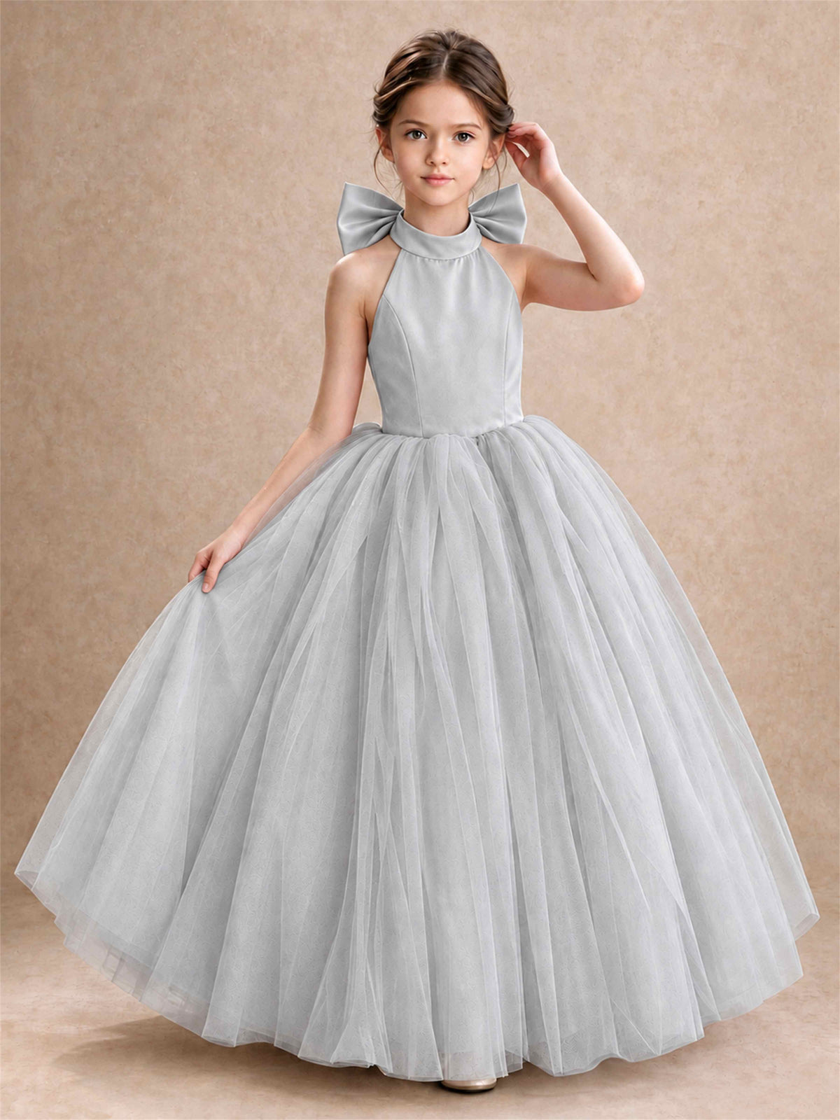 Halter Tulle Flower Girl Dress Backless Big Bow Princess Ball Gown