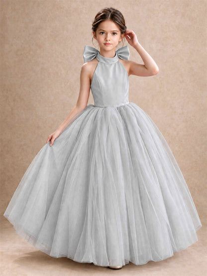 Halter Tulle Flower Girl Dress Backless Big Bow Princess Ball Gown