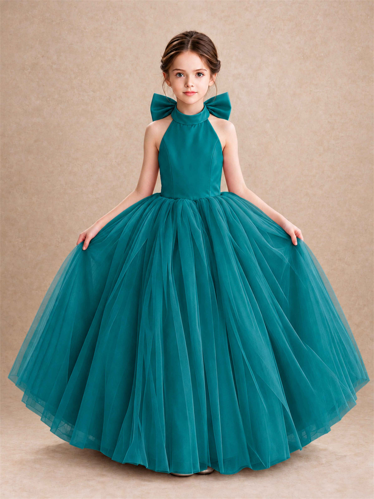 Halter Tulle Flower Girl Dress Backless Big Bow Princess Ball Gown