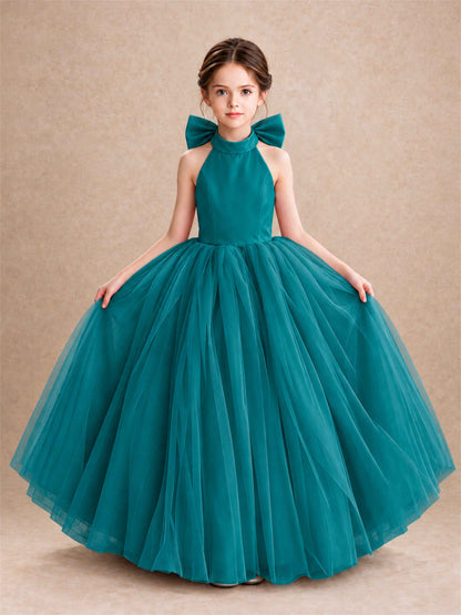 Halter Tulle Flower Girl Dress Backless Big Bow Princess Ball Gown