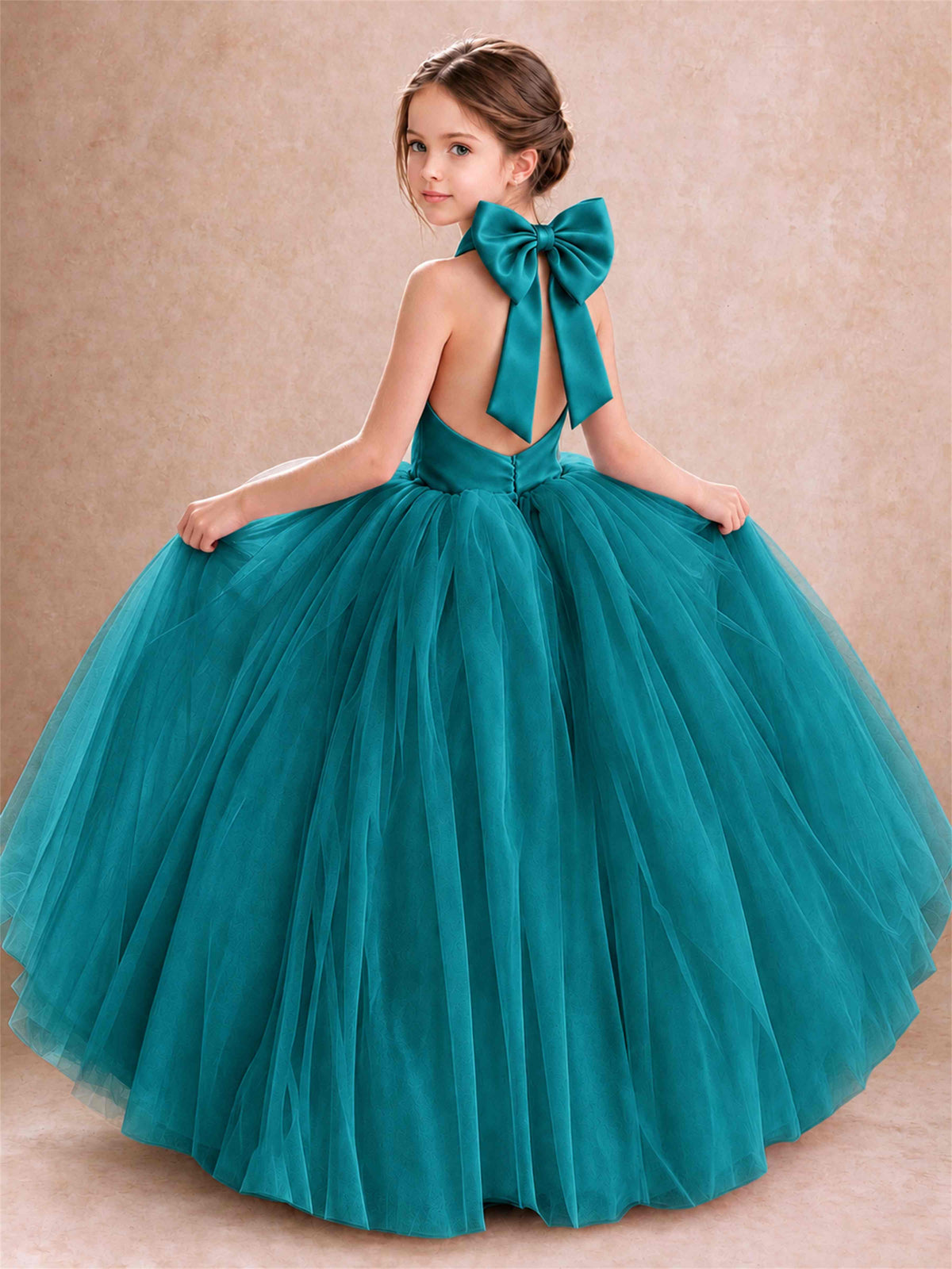 Halter Tulle Flower Girl Dress Backless Big Bow Princess Ball Gown