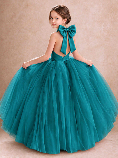 Halter Tulle Flower Girl Dress Backless Big Bow Princess Ball Gown