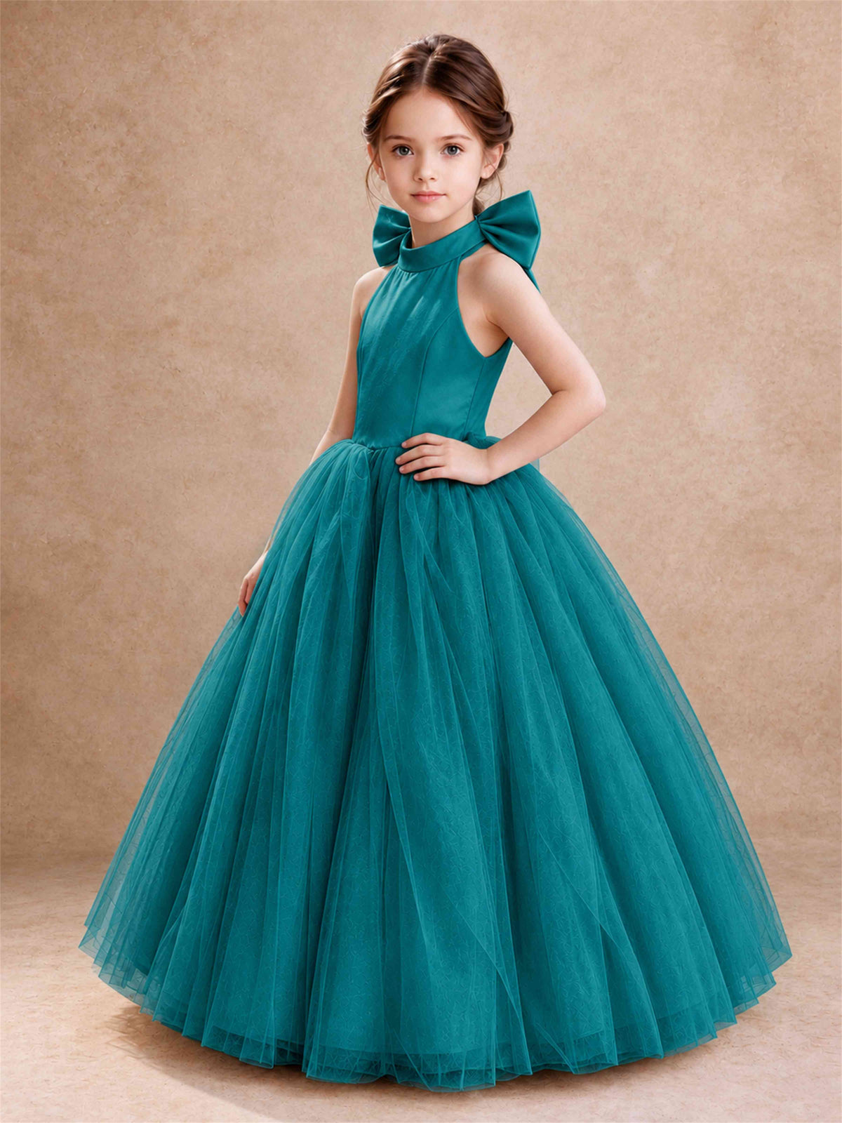 Halter Tulle Flower Girl Dress Backless Big Bow Princess Ball Gown