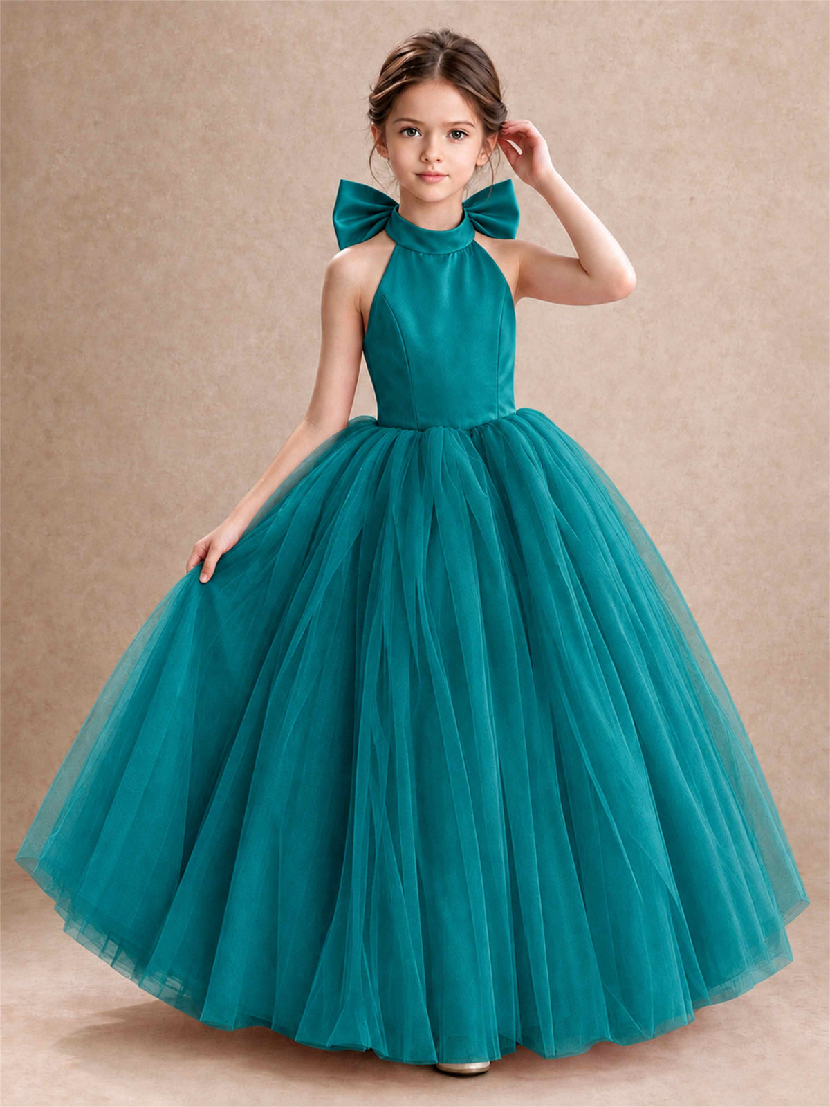 Halter Tulle Flower Girl Dress Backless Big Bow Princess Ball Gown
