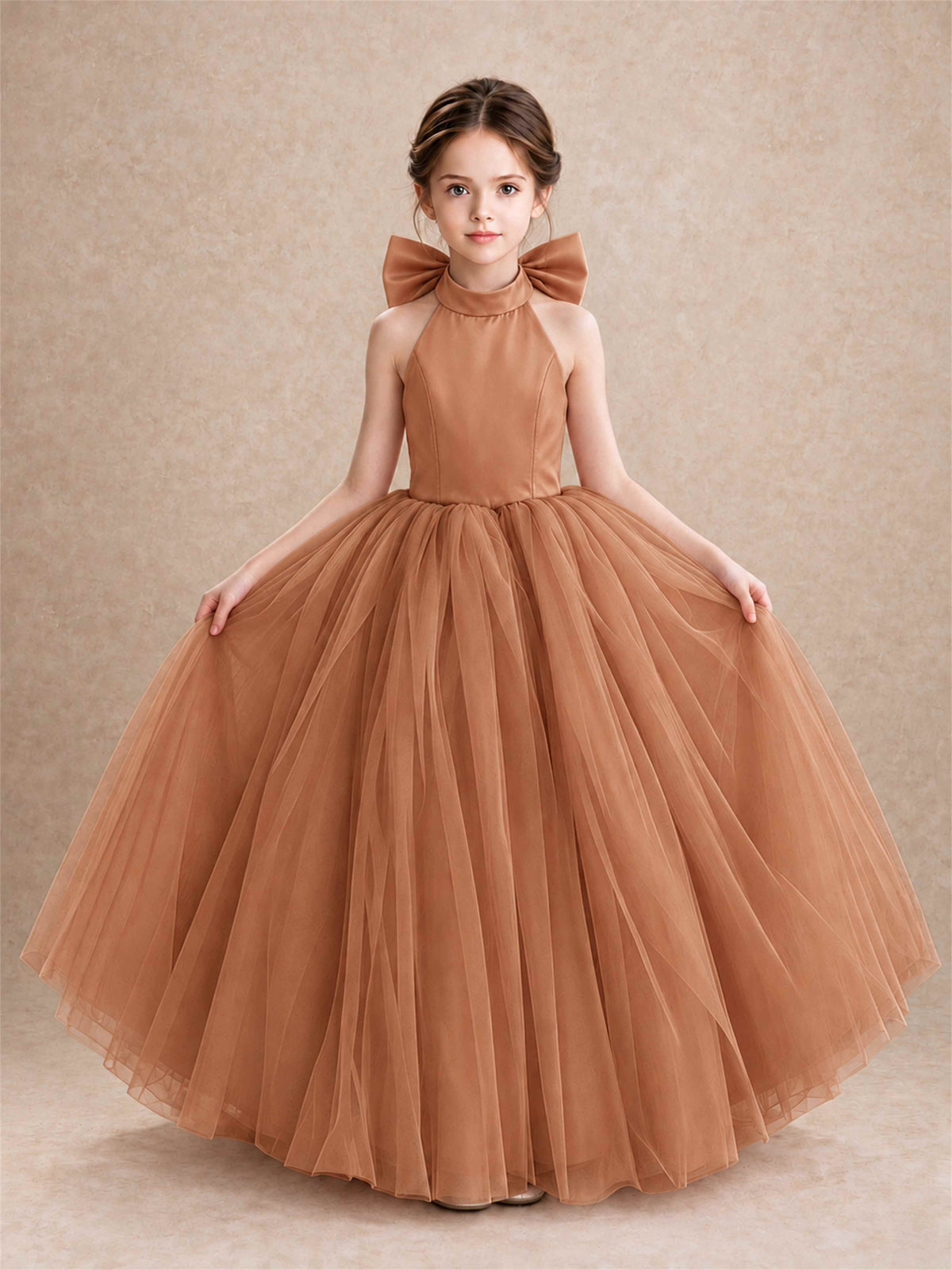 Halter Tulle Flower Girl Dress Backless Big Bow Princess Ball Gown