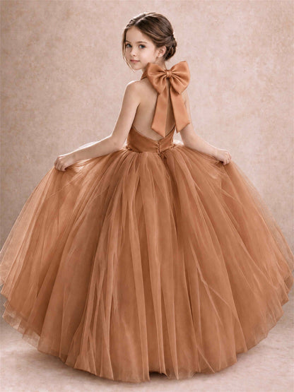 Halter Tulle Flower Girl Dress Backless Big Bow Princess Ball Gown