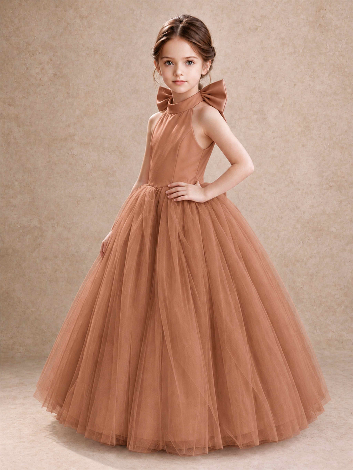 Halter Tulle Flower Girl Dress Backless Big Bow Princess Ball Gown