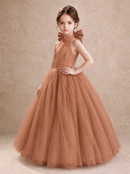 Halter Tulle Flower Girl Dress Backless Big Bow Princess Ball Gown