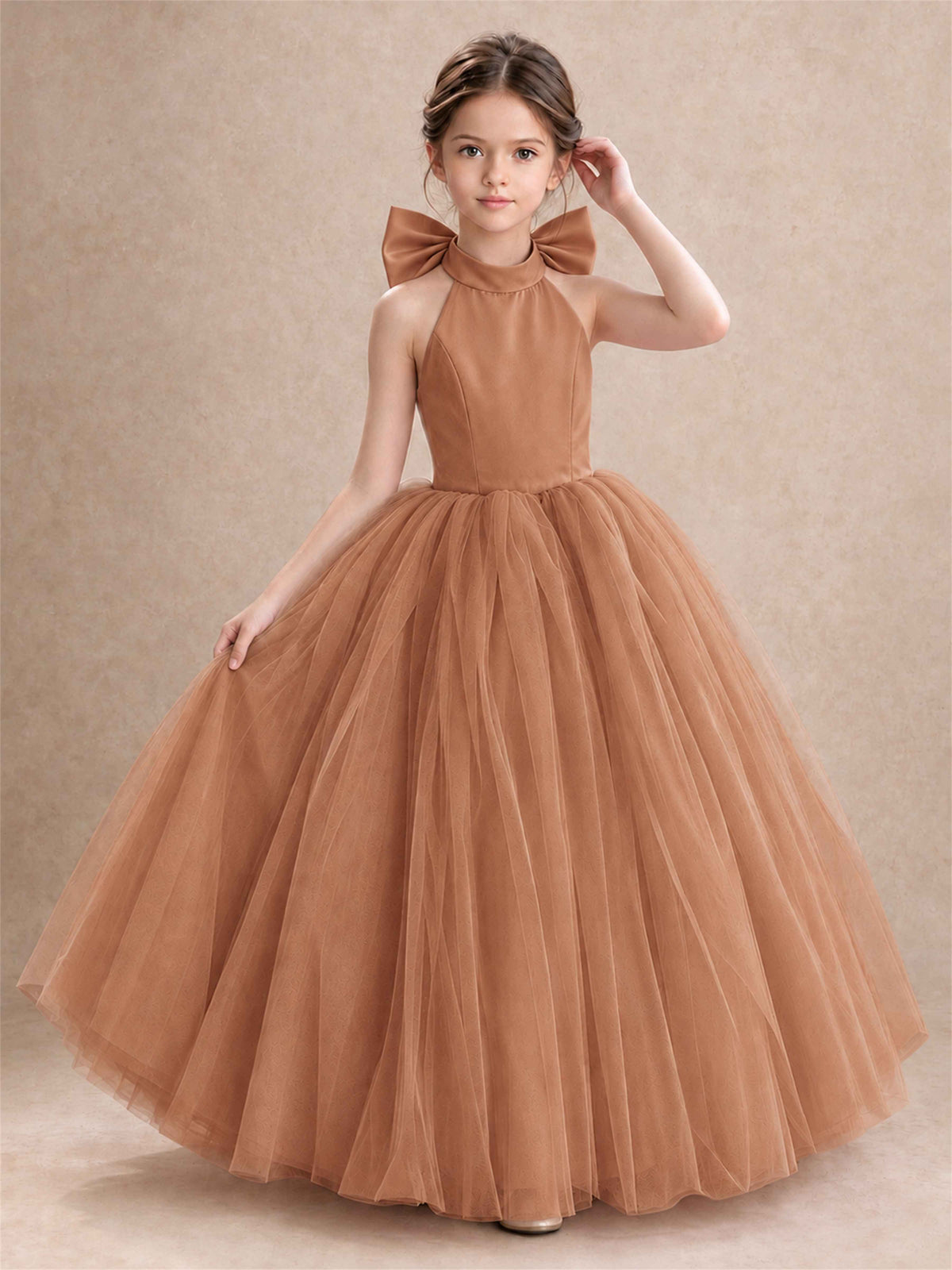 Halter Tulle Flower Girl Dress Backless Big Bow Princess Ball Gown