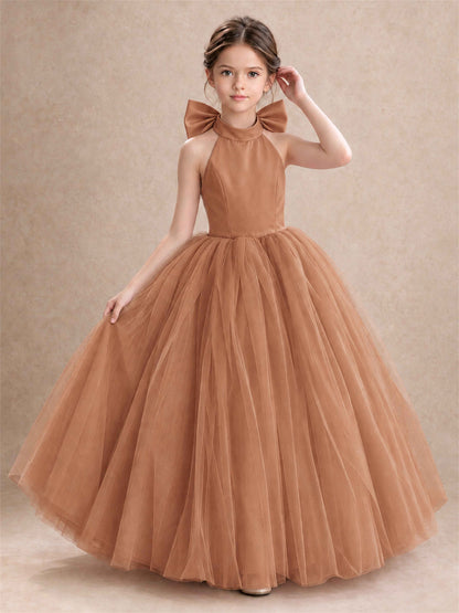 Halter Tulle Flower Girl Dress Backless Big Bow Princess Ball Gown