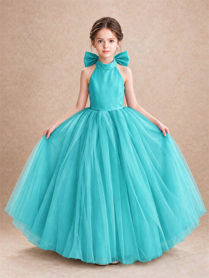 Halter Tulle Flower Girl Dress Backless Big Bow Princess Ball Gown