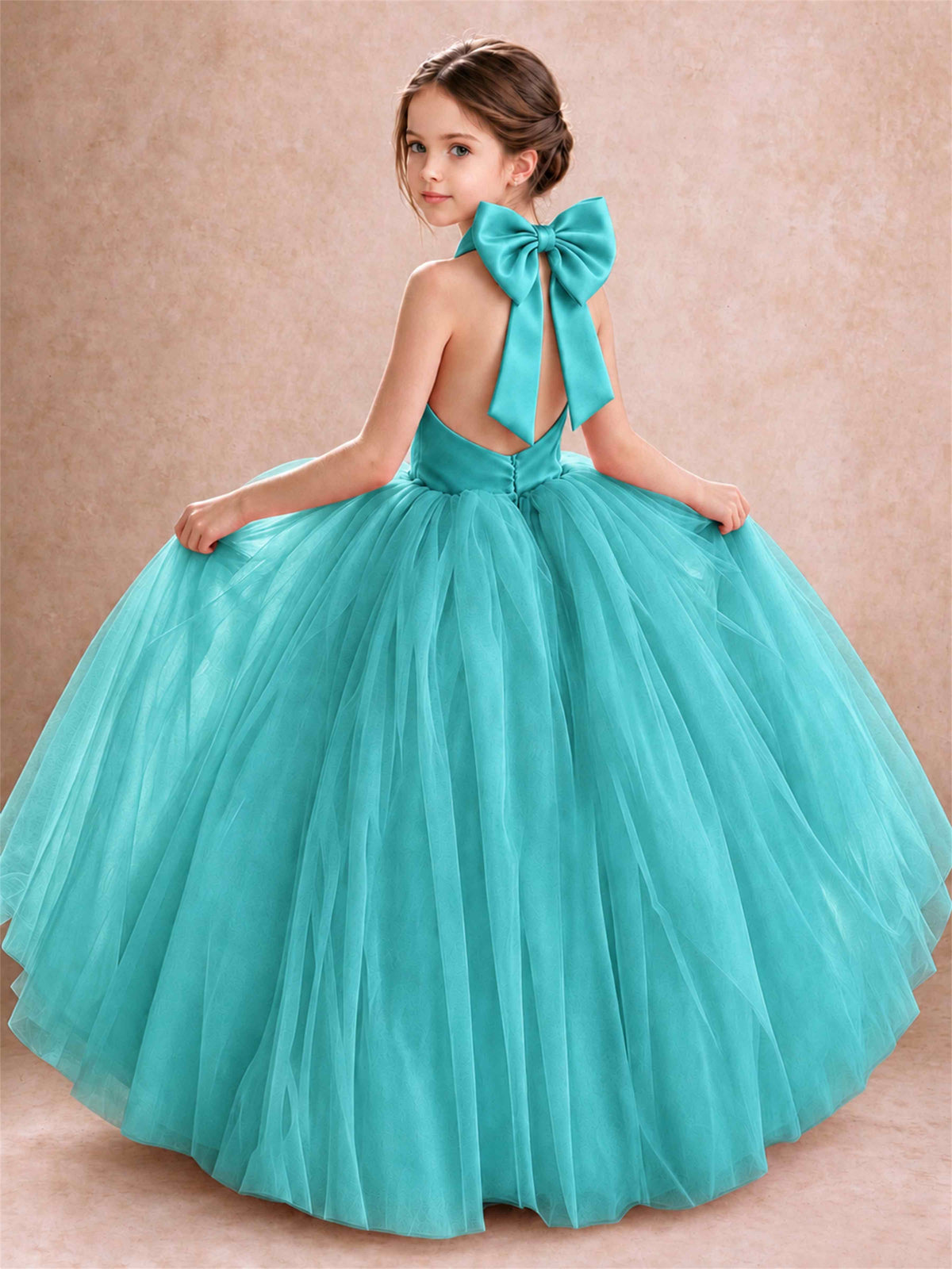 Halter Tulle Flower Girl Dress Backless Big Bow Princess Ball Gown