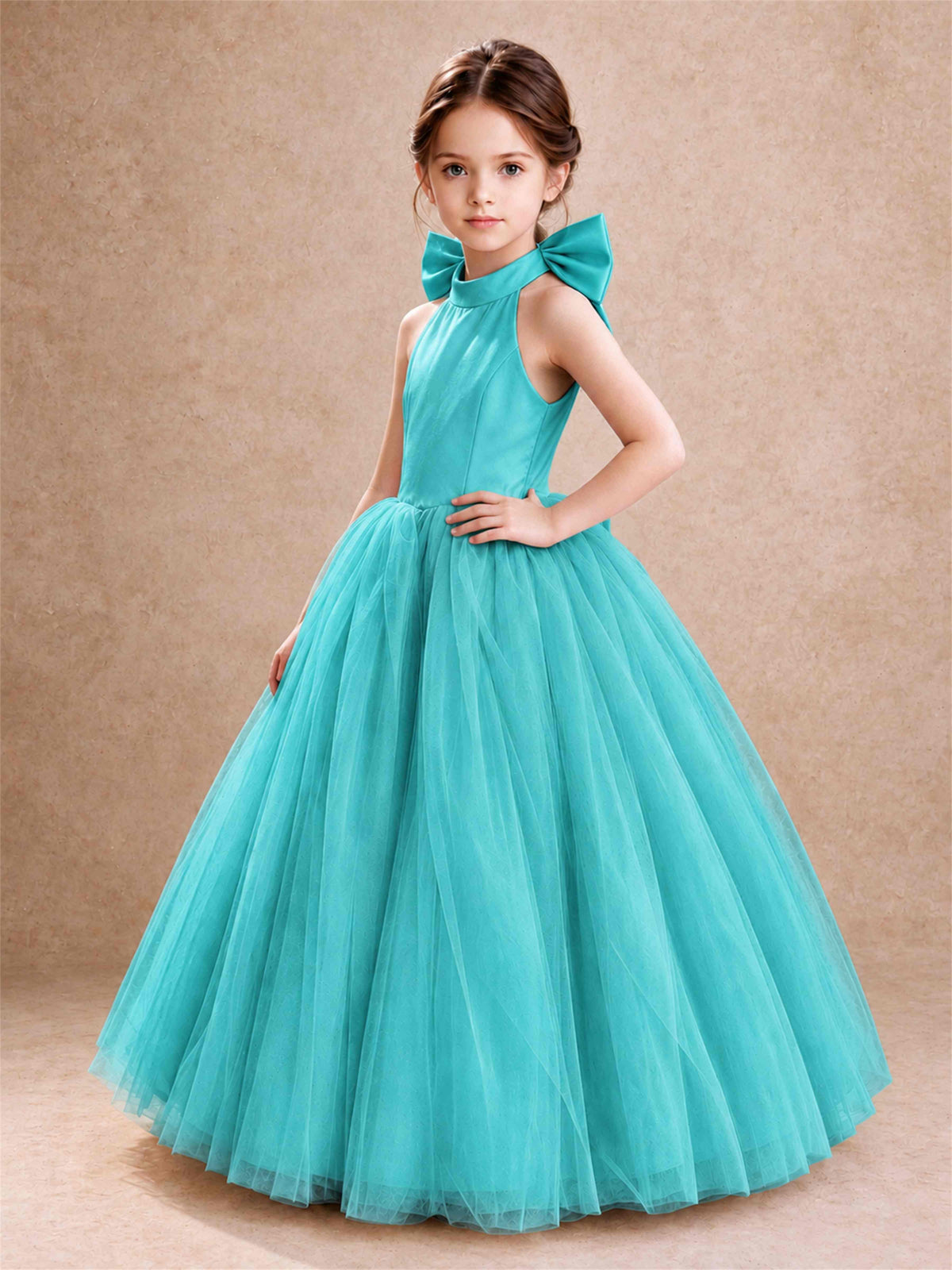 Halter Tulle Flower Girl Dress Backless Big Bow Princess Ball Gown