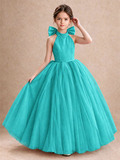 Halter Tulle Flower Girl Dress Backless Big Bow Princess Ball Gown