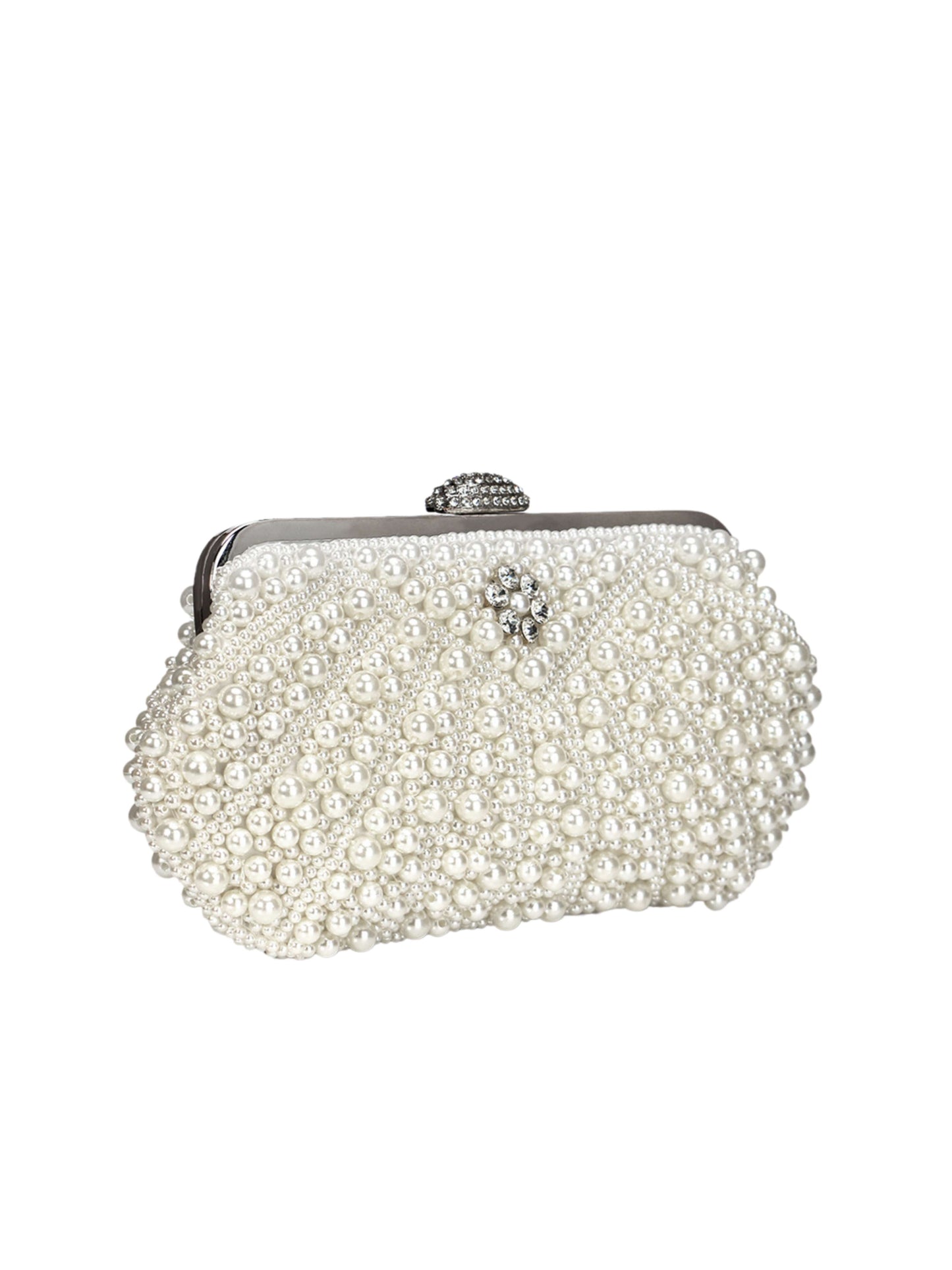 Handmade Pearl Evening Clutch Bag with Top Handle & Detachable Chain