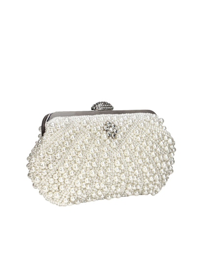 Handmade Pearl Evening Clutch Bag with Top Handle & Detachable Chain