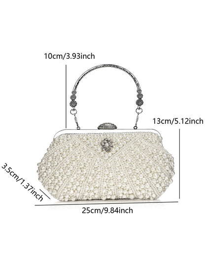 Handmade Pearl Evening Clutch Bag with Top Handle & Detachable Chain