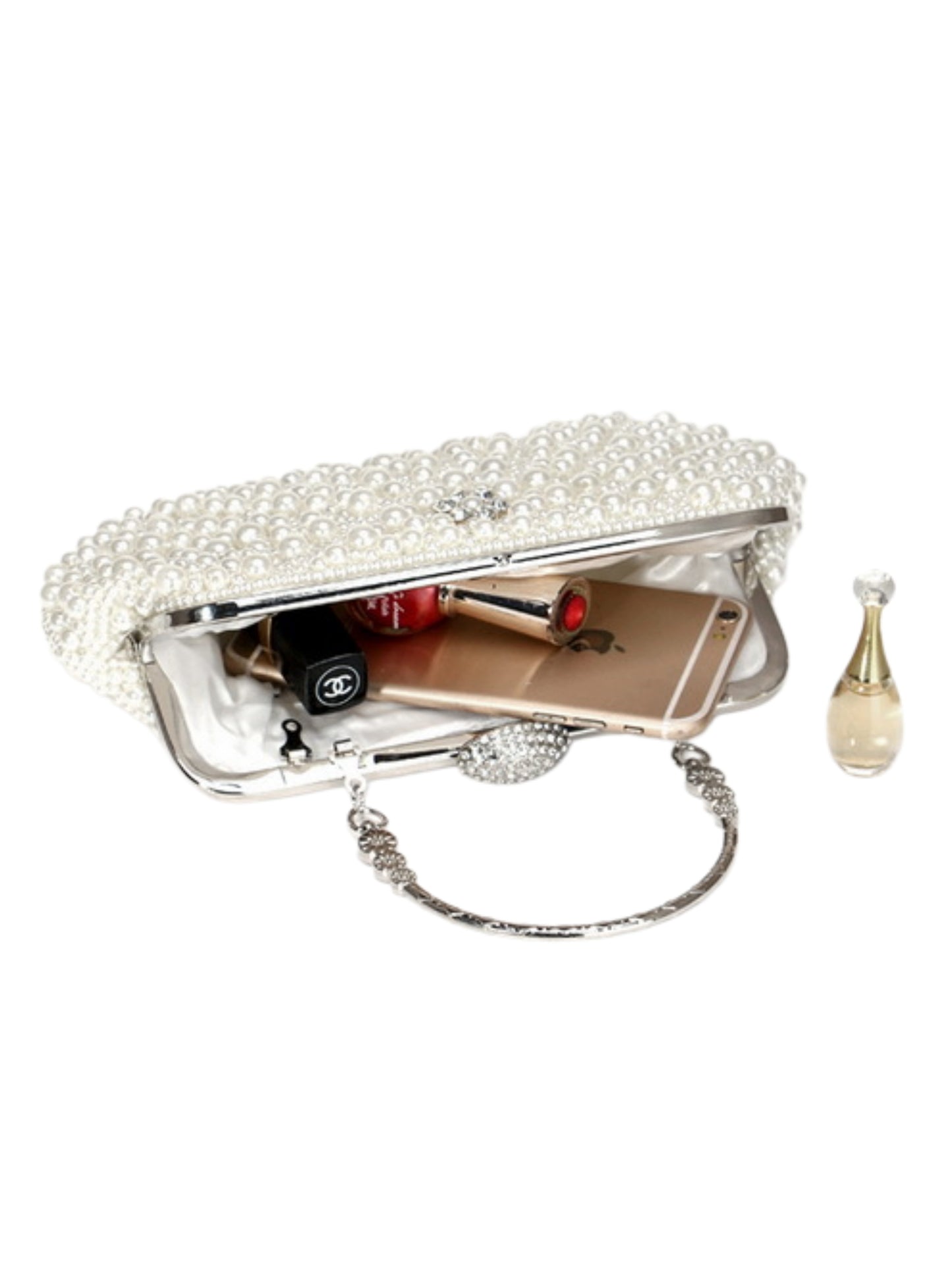Handmade Pearl Evening Clutch Bag with Top Handle & Detachable Chain