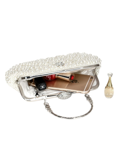 Handmade Pearl Evening Clutch Bag with Top Handle & Detachable Chain