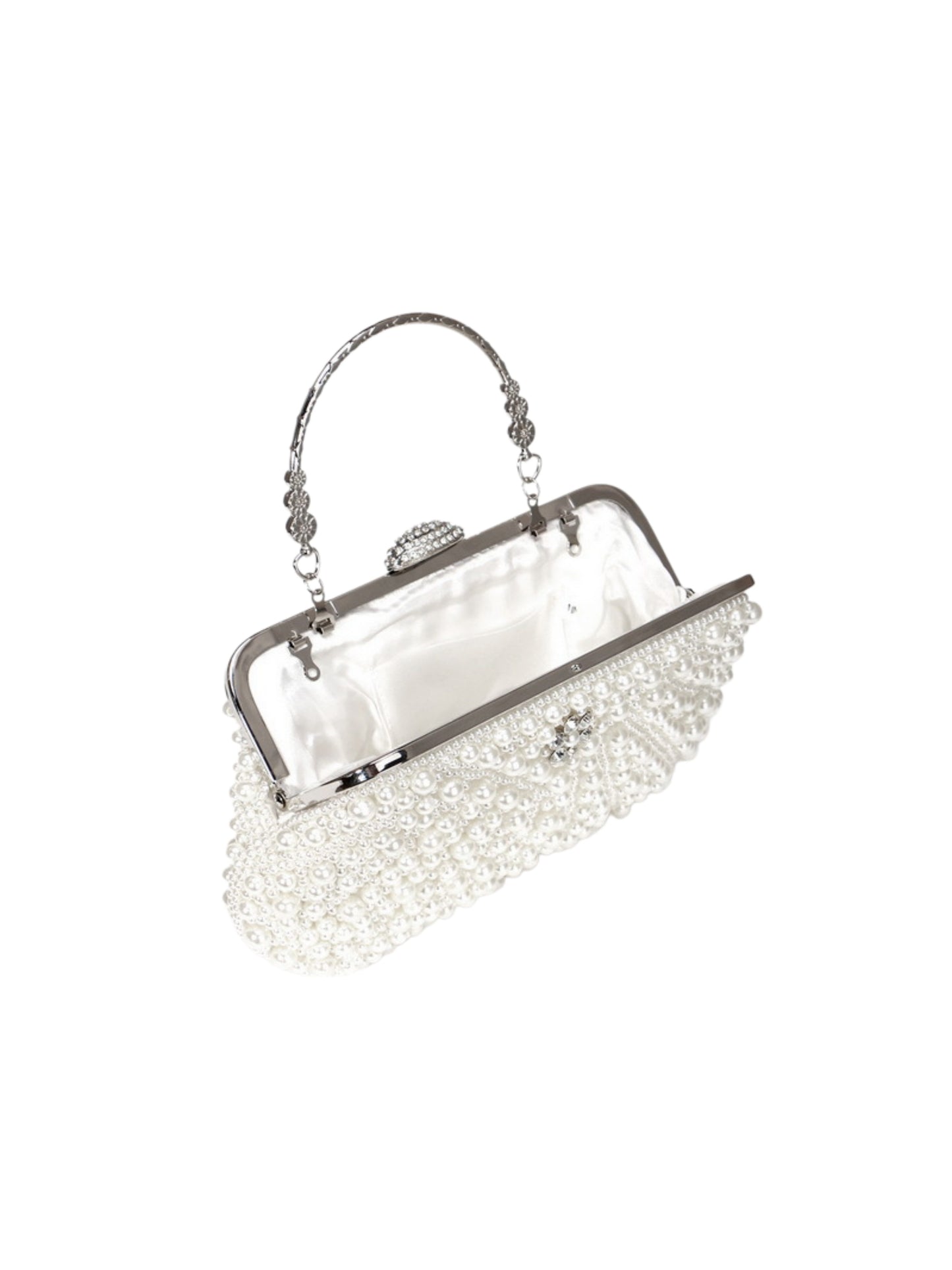 Handmade Pearl Evening Clutch Bag with Top Handle & Detachable Chain
