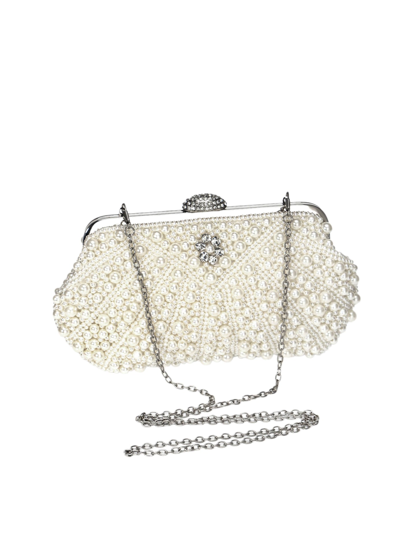 Handmade Pearl Evening Clutch Bag with Top Handle & Detachable Chain