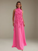 Free Shipping High-Neck A-Line Floor-Length Formal Gown with 3D Floral Appliques