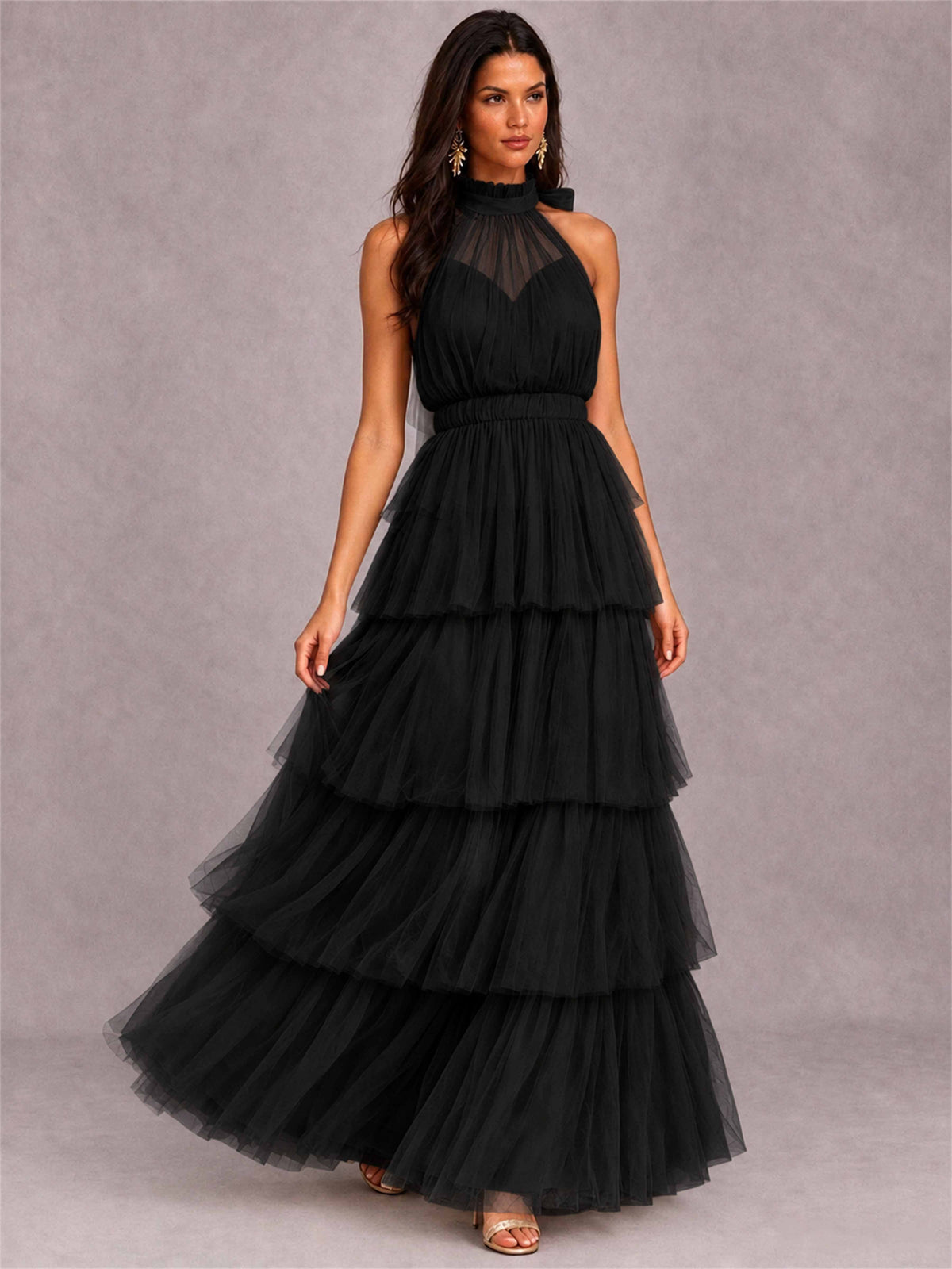 High Neck A-Line Tulle Tiered Sleeveless Floor-Length Wedding Guest Dress