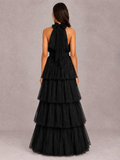 High Neck A-Line Tulle Tiered Sleeveless Floor-Length Wedding Guest Dress