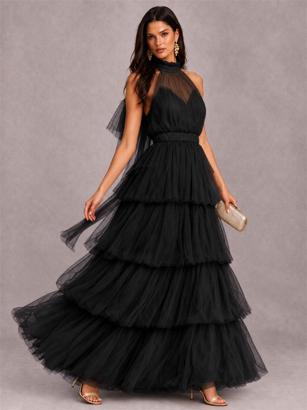 High Neck A-Line Tulle Tiered Sleeveless Floor-Length Wedding Guest Dress