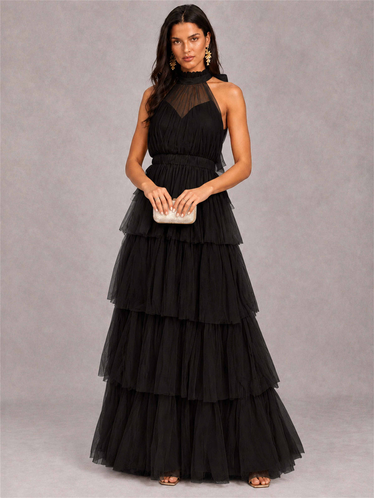 High Neck A-Line Tulle Tiered Sleeveless Floor-Length Wedding Guest Dress