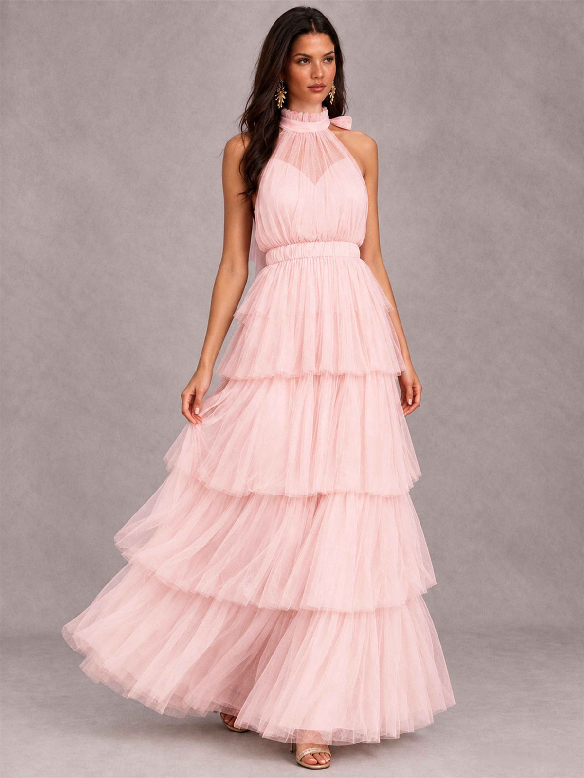 High Neck A-Line Tulle Tiered Sleeveless Floor-Length Wedding Guest Dress