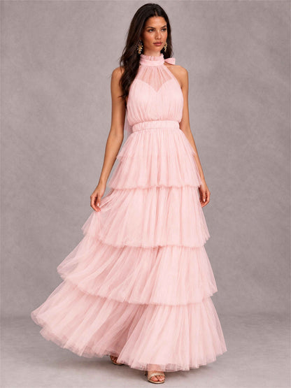 High Neck A-Line Tulle Tiered Sleeveless Floor-Length Wedding Guest Dress