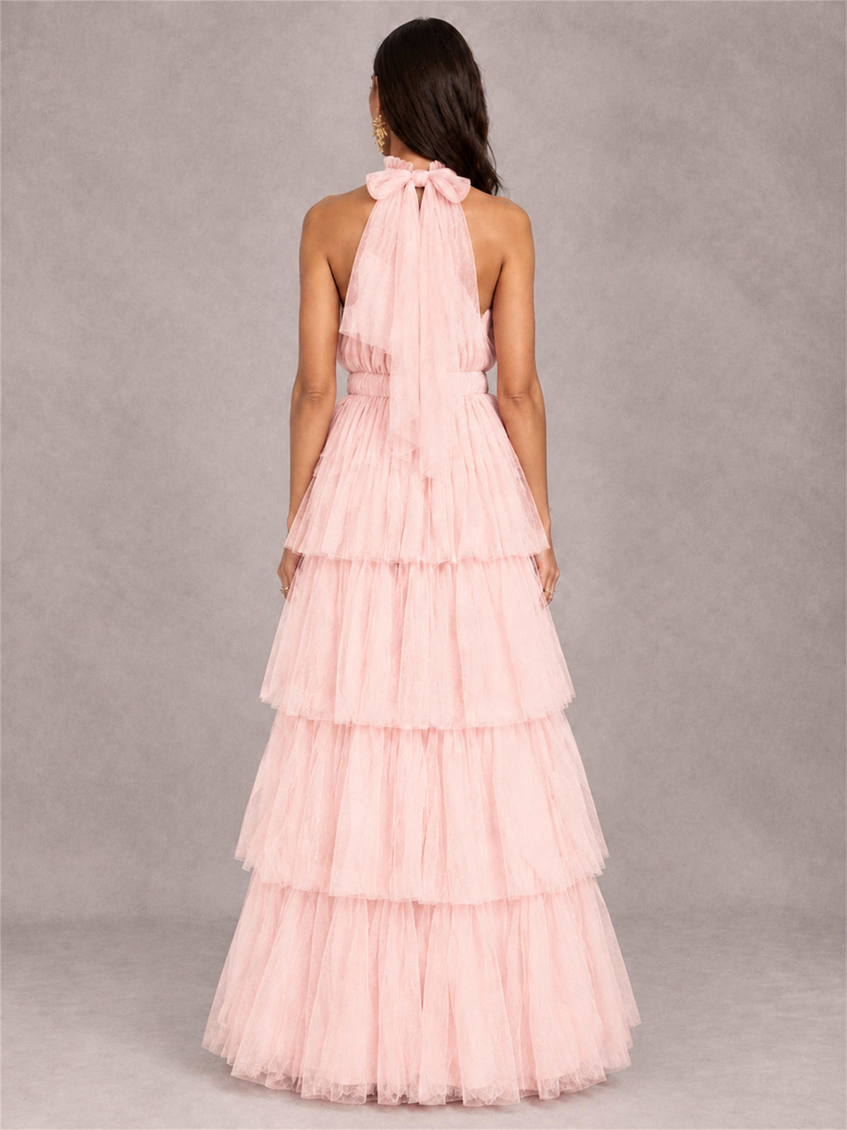 High Neck A-Line Tulle Tiered Sleeveless Floor-Length Wedding Guest Dress